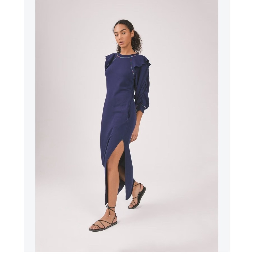 Something Navy Meghan Ruffle Sweatshirt Dress Navy Blue Maxi Rainbow Stitch S